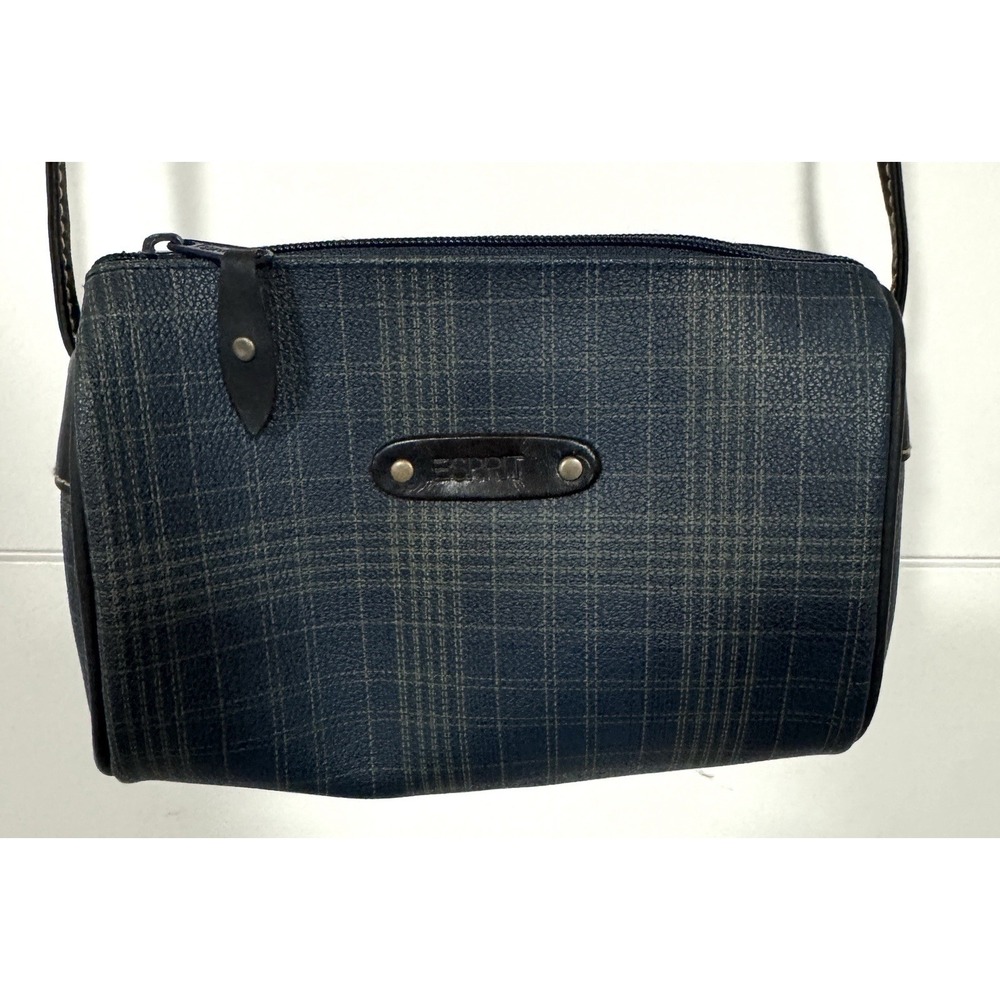 Esprit Blue Crossbody Bag Textured Plaid Faux Leather‎ Zip Shoulder Purse